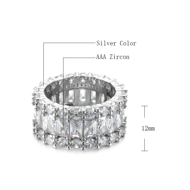 Hip-Hop Bar Zirkonring aus Kupfer mit Dreireihigem Baguette-Diamantbesatz für Damen - Damenmode online kaufen | Isabell Boutique