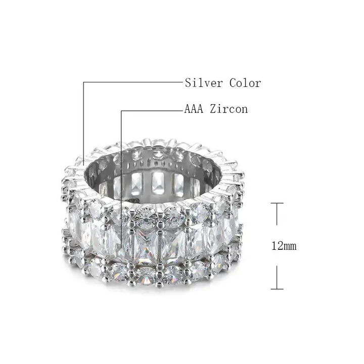 Hip-Hop Bar Zirkonring aus Kupfer mit Dreireihigem Baguette-Diamantbesatz für Damen - Damenmode online kaufen | Isabell Boutique