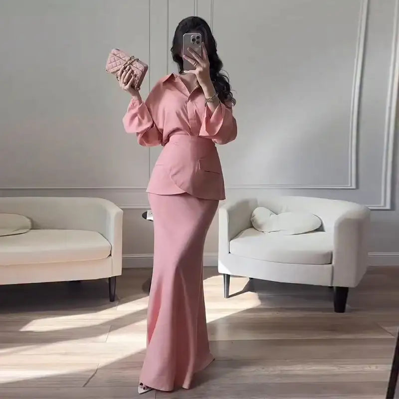 Rosa zweiteiliges Outfit, Hemd und Rock, elegant, IsabellBoutique030