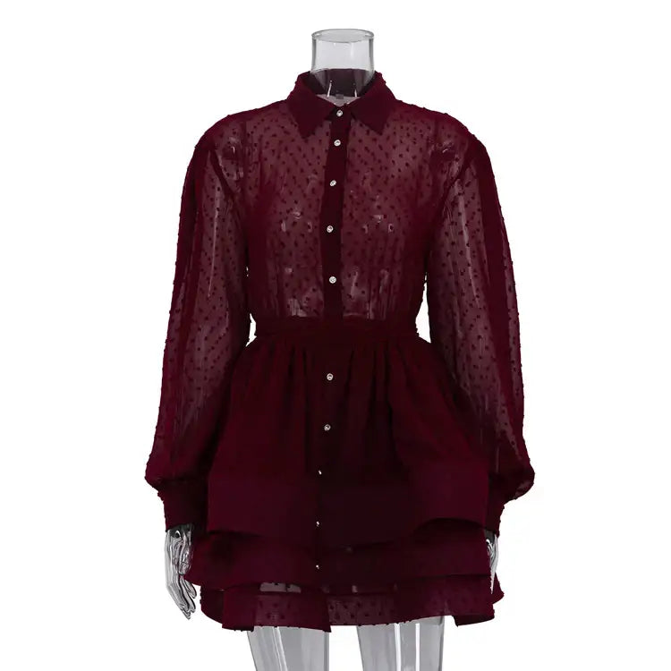 Bordeauxfarbenes Hemdblusenkleid mit Puffärmeln und Punkten, IsabellBoutique030