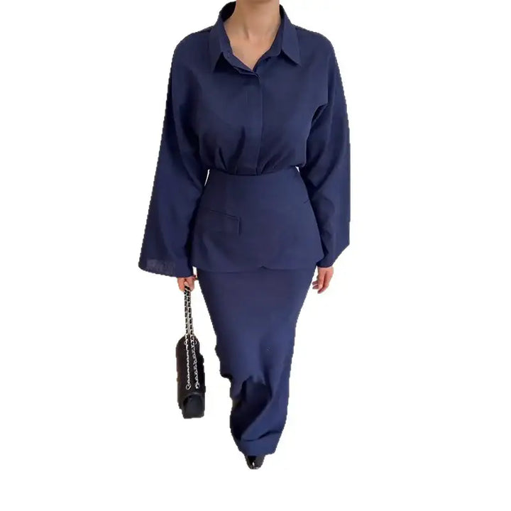 Dunkelblauer Damen Anzug, langärmliges Hemd mit Rock, élégant und stilvoll, IsabellBoutique030