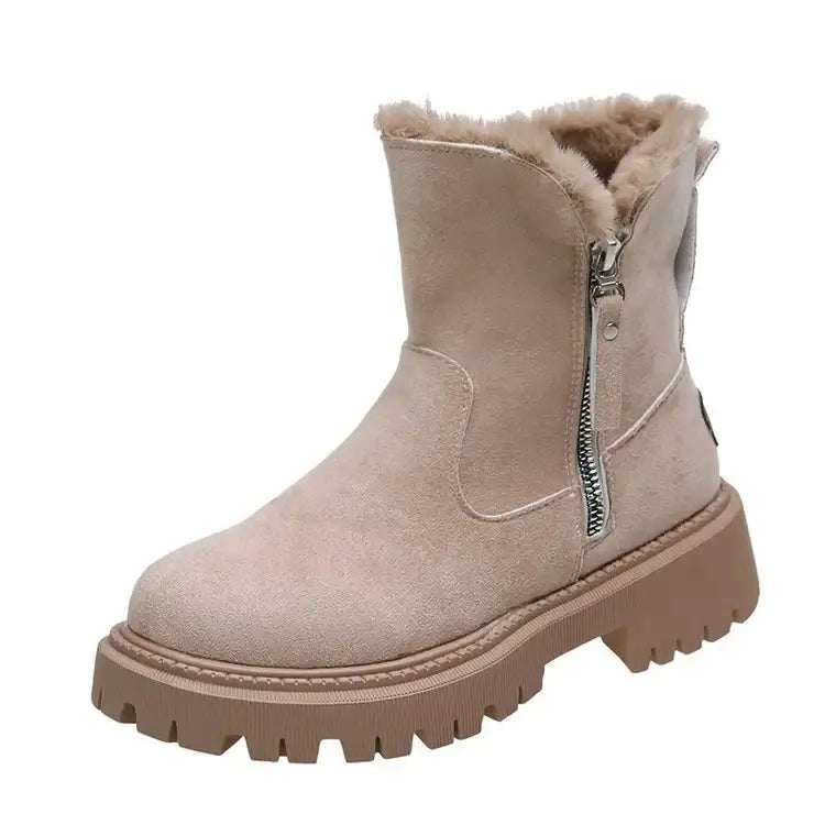 Damen-Schneestiefel – warme Winterstiefel mit faltbarem Plüschschaft, kurzer Schaft, einfarbig, runde Spitze, Plateau-Sohle - Damenmode online kaufen | Isabell Boutique