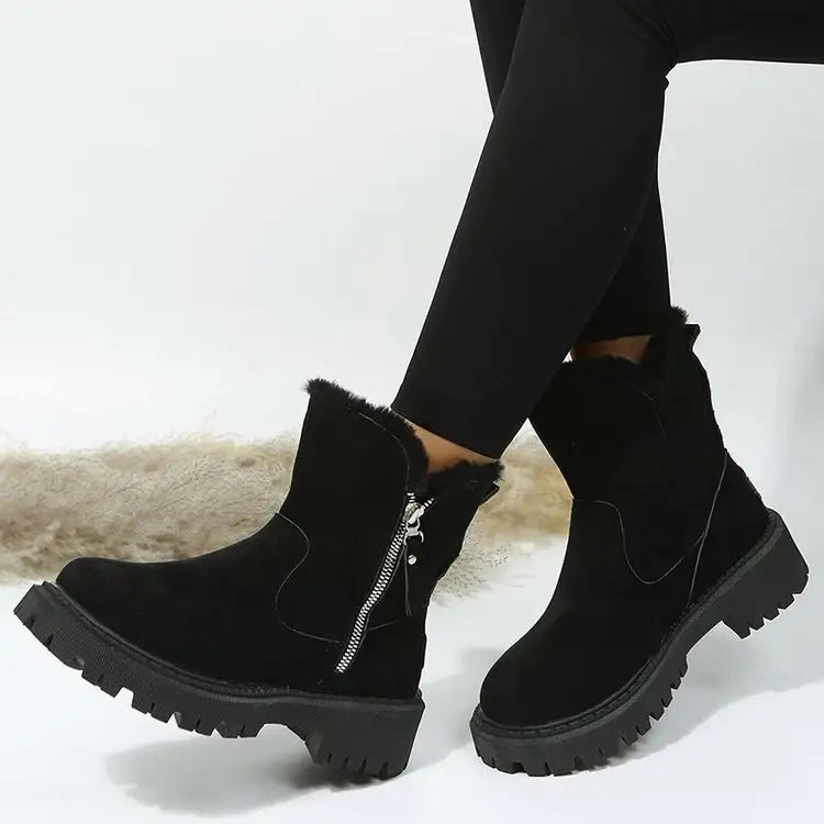 Damen-Schneestiefel – warme Winterstiefel mit faltbarem Plüschschaft, kurzer Schaft, einfarbig, runde Spitze, Plateau-Sohle - Damenmode online kaufen | Isabell Boutique
