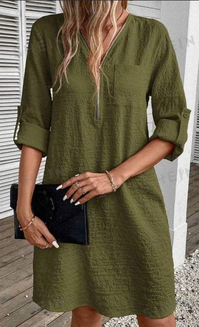 Strukturiertes Damen Kleid mit Reißverschluss, Halbknopfleiste und Taschen - Damenmode online kaufen | Isabell Boutique