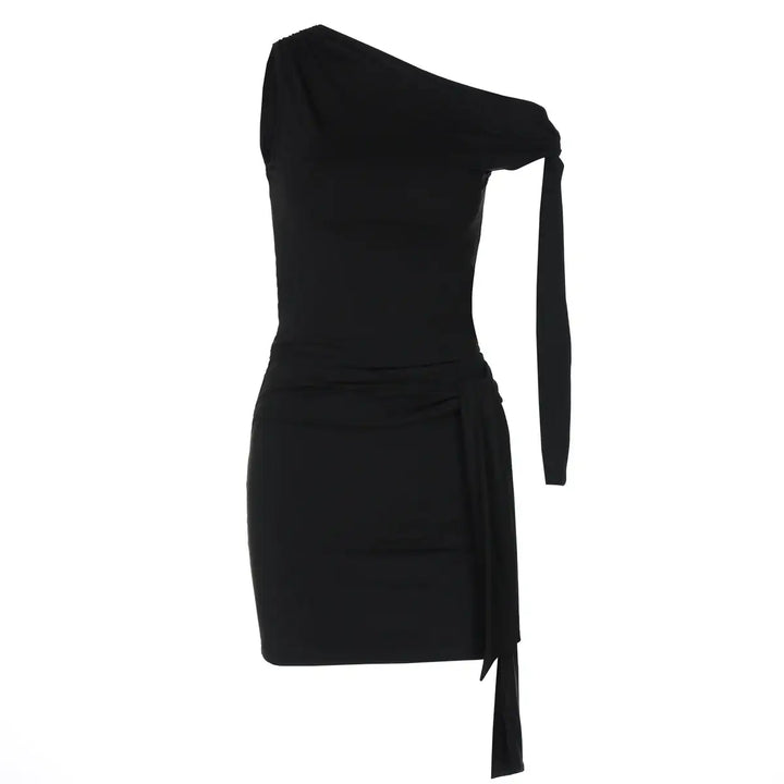 Schwarzes One-Shoulder-Minikleid mit Bindedetail, Damenmode, IsabellBoutique030