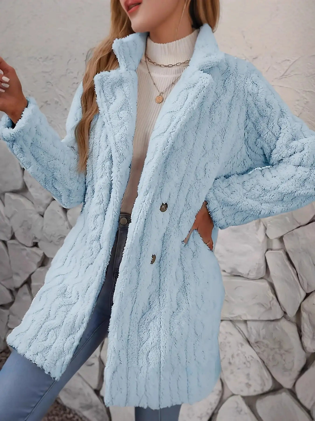 Hellblauer Teddy-Mantel mit Knöpfen, Damenmode, IsabellBoutique030