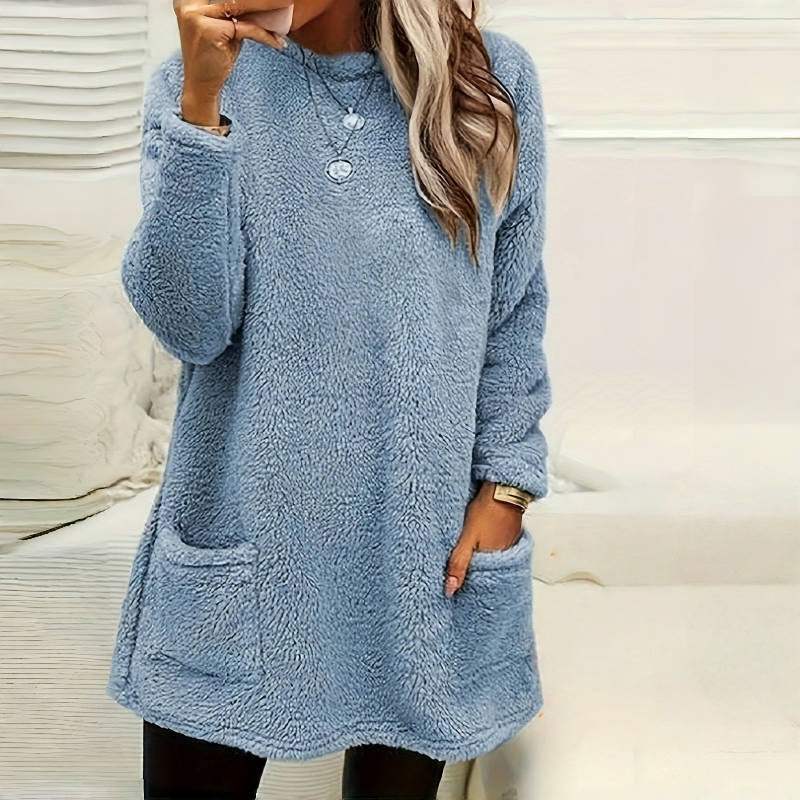 Damen Langarm Plüsch Hoodie T-Shirt mit Taschen - Damenmode online kaufen | Isabell Boutique