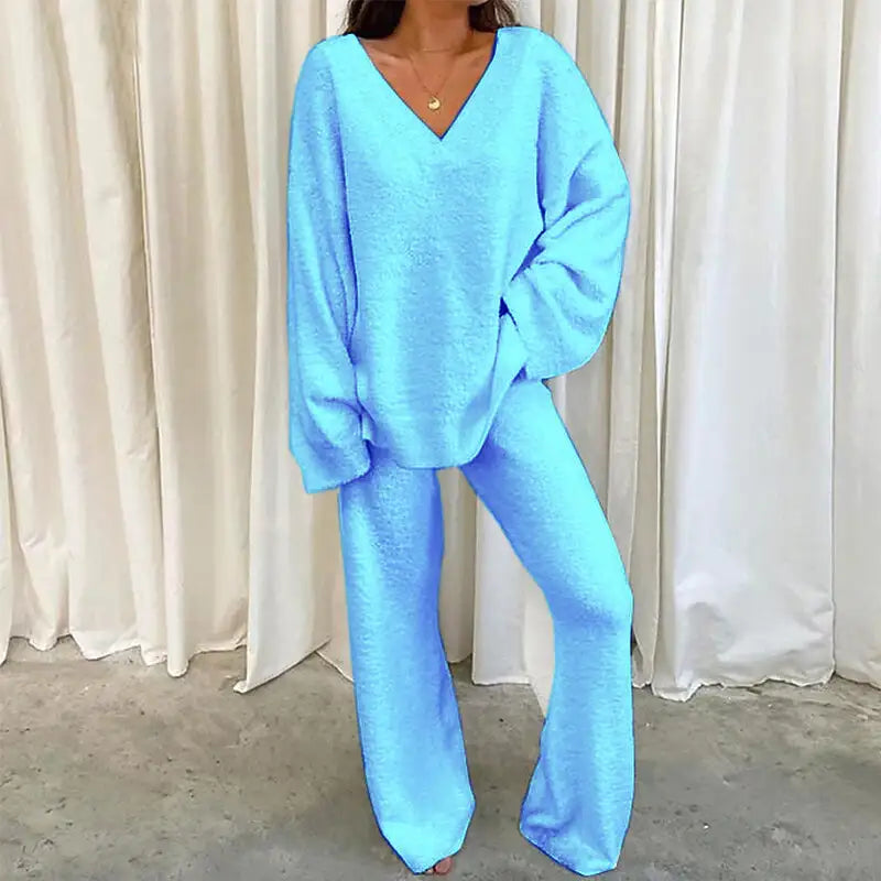 Winterliches Einfarbiges V-Ausschnitt Freizeit Homewear Zweiteiler Set - Damenmode online kaufen | Isabell Boutique