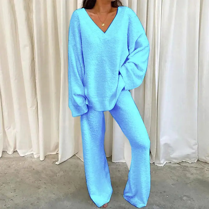 Winterliches Einfarbiges V-Ausschnitt Freizeit Homewear Zweiteiler Set - Damenmode online kaufen | Isabell Boutique