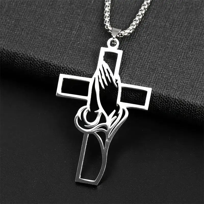 Silberne Kreuz-Halskette mit betenden Händen, religiöser Schmuck, IsabellBoutique030