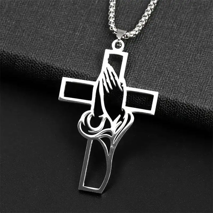 Silberne Kreuz-Halskette mit betenden Händen, religiöser Schmuck, IsabellBoutique030