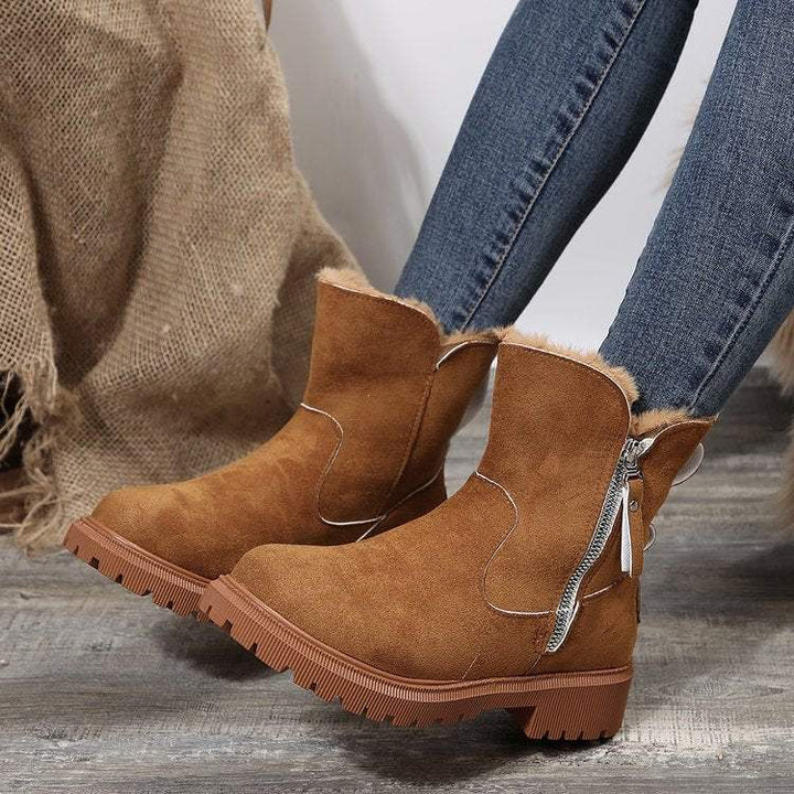 Damen-Schneestiefel – warme Winterstiefel mit faltbarem Plüschschaft, kurzer Schaft, einfarbig, runde Spitze, Plateau-Sohle - Damenmode online kaufen | Isabell Boutique