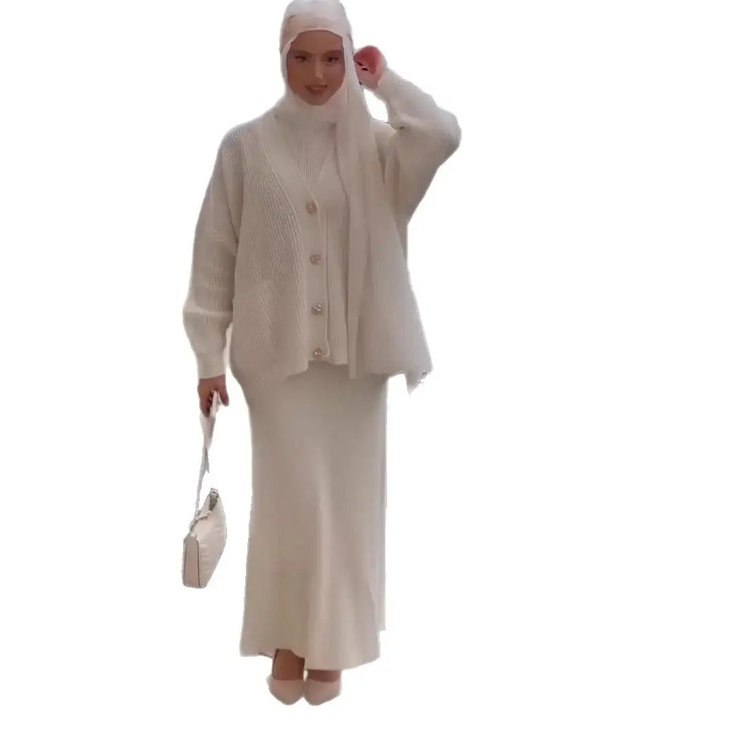 Weißer Damen-Strickanzug, Hijab, Cardigan, Rock, IsabellBoutique030