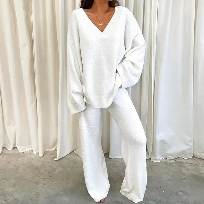 Winterliches Einfarbiges V-Ausschnitt Freizeit Homewear Zweiteiler Set - Damenmode online kaufen | Isabell Boutique