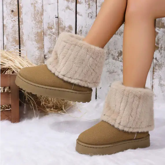 Herbst- und Winter-Freizeitstiefel mit dicker Sohle, runder Spitze und warmem Futter (Felloptik) - Damenmode online kaufen | Isabell Boutique
