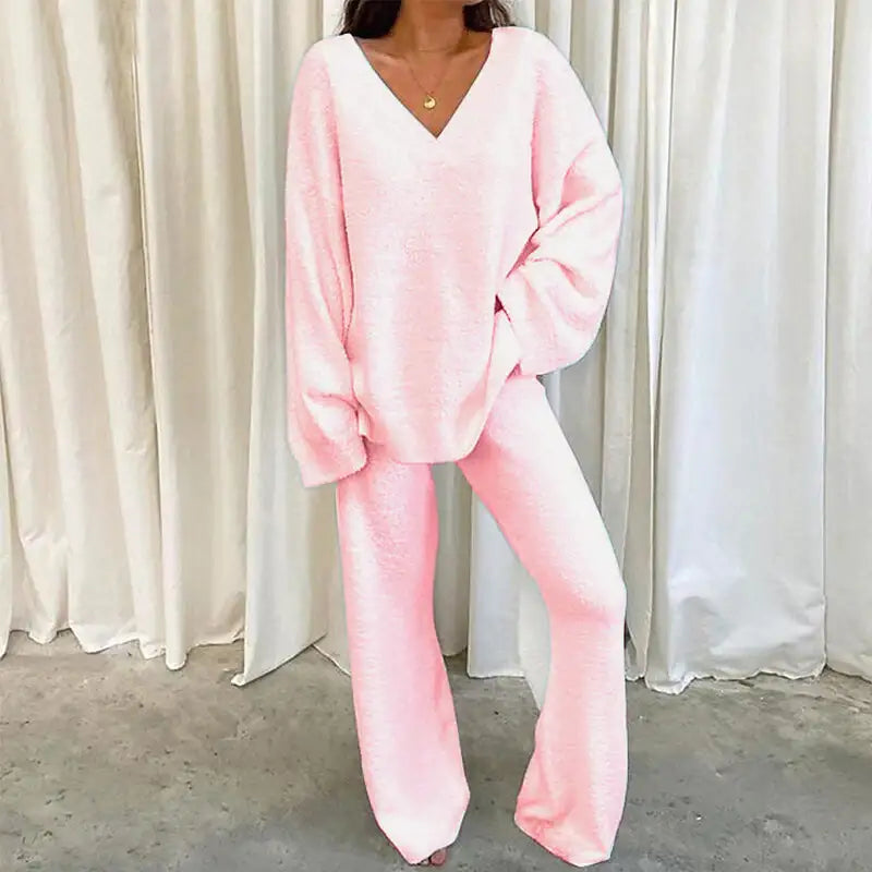 Winterliches Einfarbiges V-Ausschnitt Freizeit Homewear Zweiteiler Set - Damenmode online kaufen | Isabell Boutique