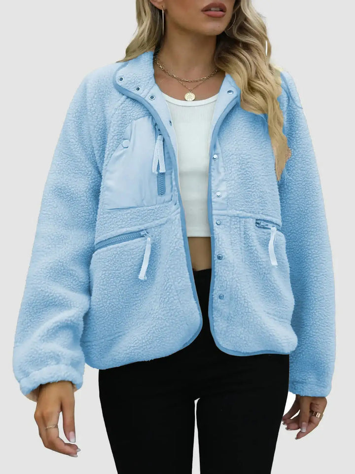 Hellblaue Teddyfleece-Jacke mit Reißverschluss, Damenstil, IsabellBoutique030