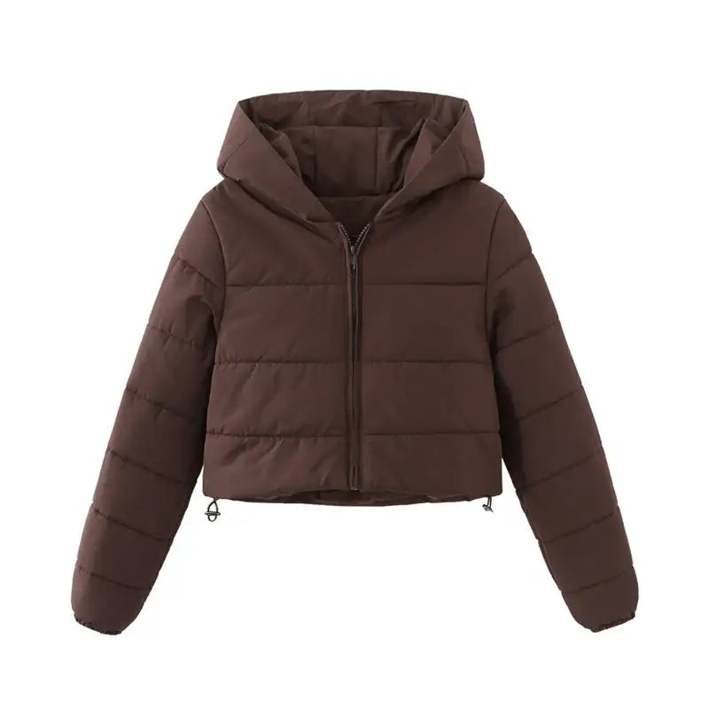 Braune kurze Daunenjacke mit Kapuze für Damen, Wintermode bei IsabellBoutique030