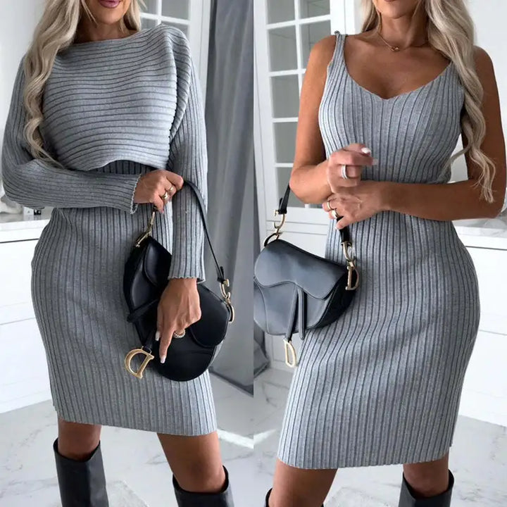 Graues Strickkleid mit Trägern oder Langarm, elegante Damenmode bei IsabellBoutique030