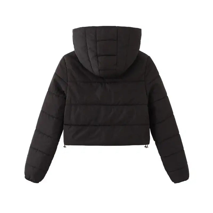 Schwarze Steppjacke mit Kapuze, Damenmode, trendiger Stil, IsabellBoutique030