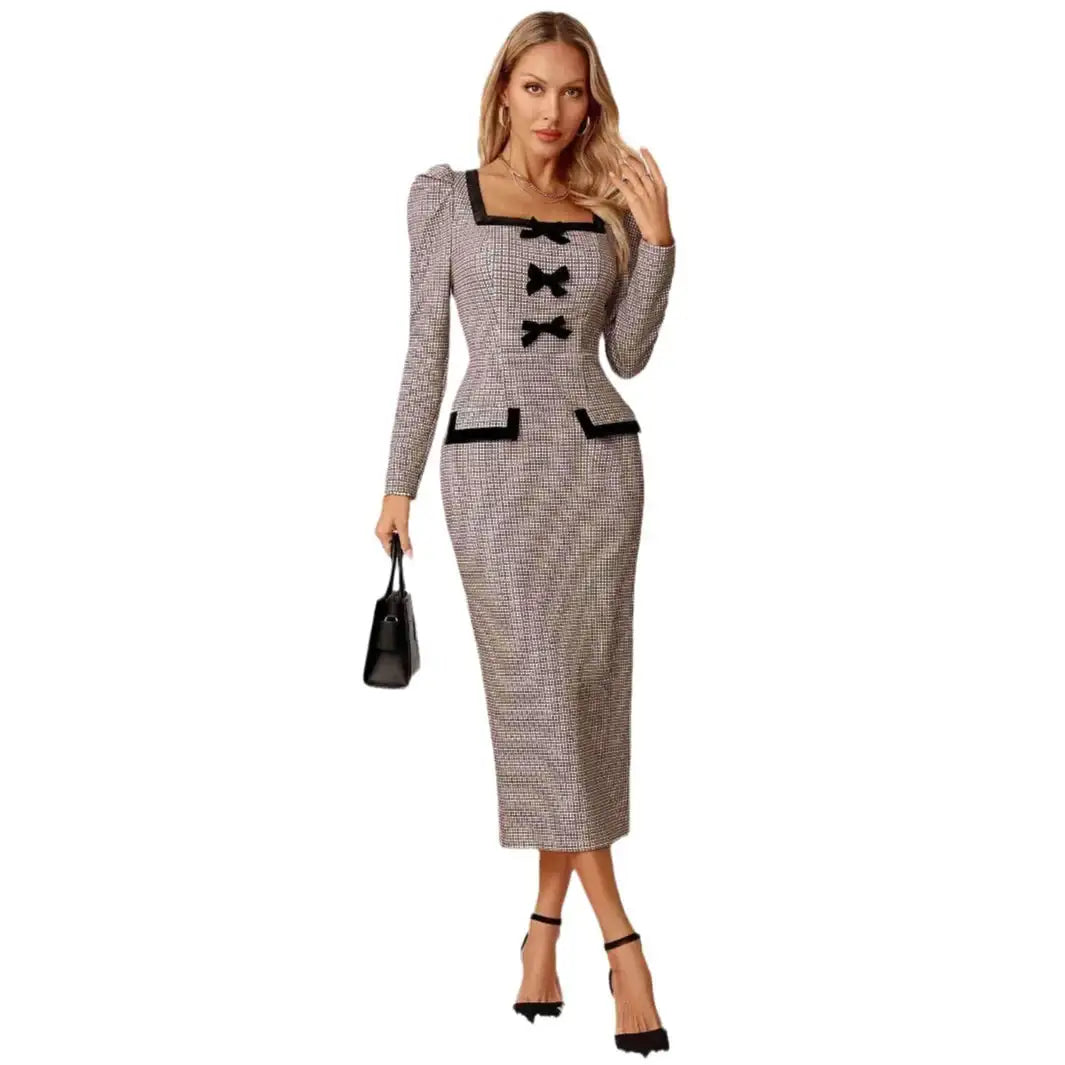 Elegantes Midi-Kleid mit Schleifen, kariert in Grau, Langarm, Anzug-Stil, IsabellBoutique030
