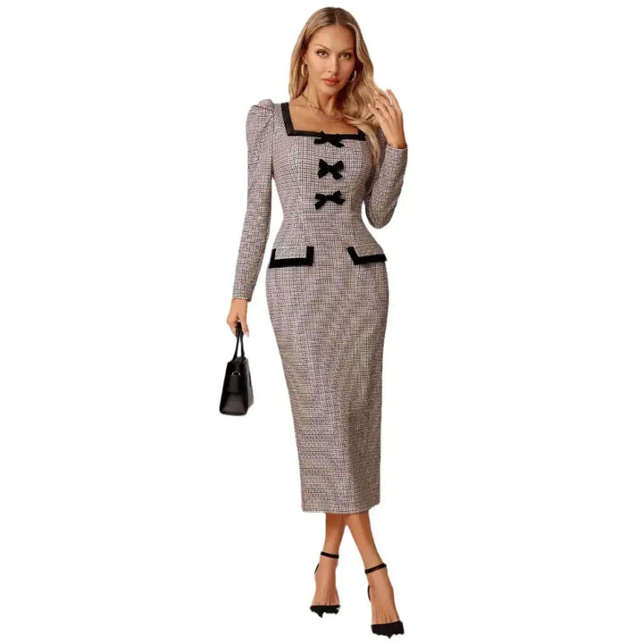 Elegantes Midi-Kleid mit Schleifen, kariert in Grau, Langarm, Anzug-Stil, IsabellBoutique030