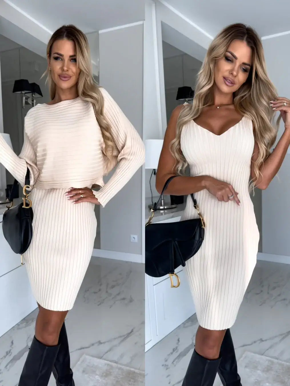 Beige Strickkleid, elegantes Damen Kleid mit schwarzen Stiefeln, IsabellBoutique030