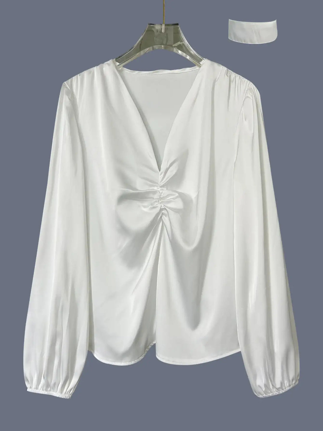 Weiße Damenbluse mit V-Ausschnitt &amp; Raffungen, Langarm, elegant, IsabellBoutique030