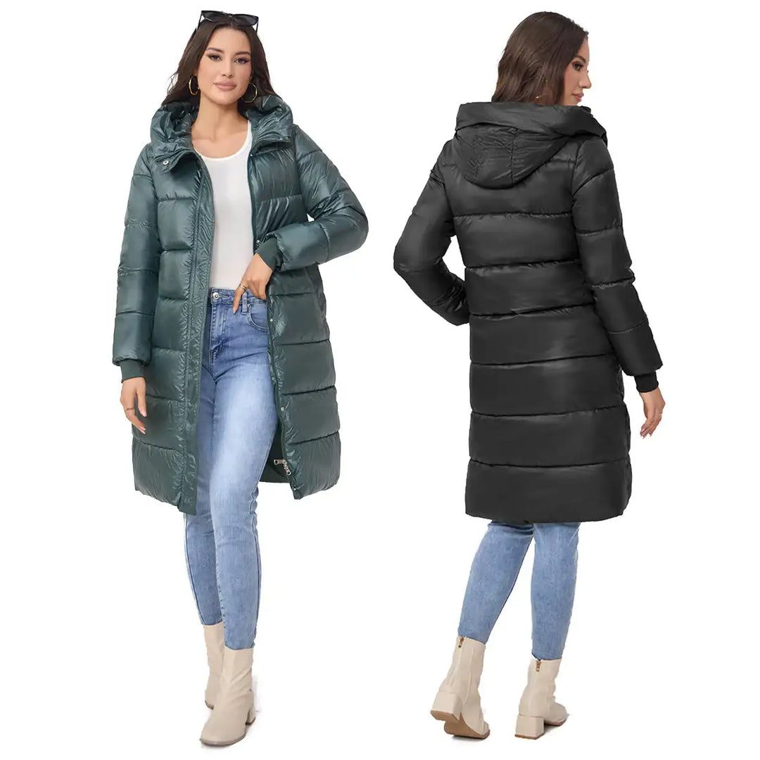 Damen Steppmantel grün/schwarz Kapuze lange, warm, Wintermode IsabellBoutique030