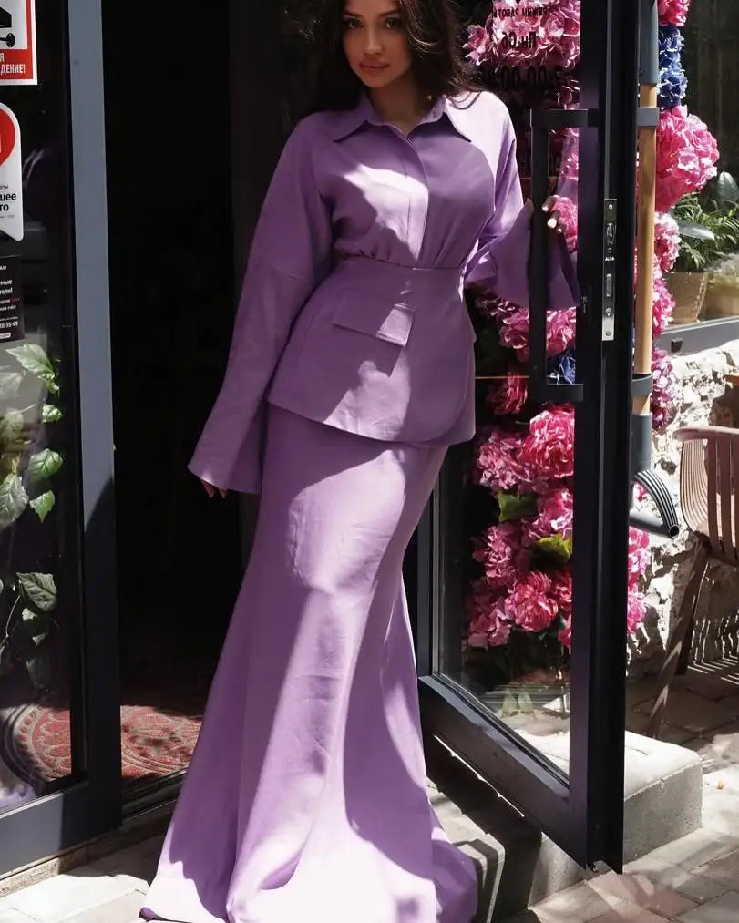 Fliederfarbenes Damen-Ensemble, Rock ve Hemd, eleganter Stil. IsabellBoutique030