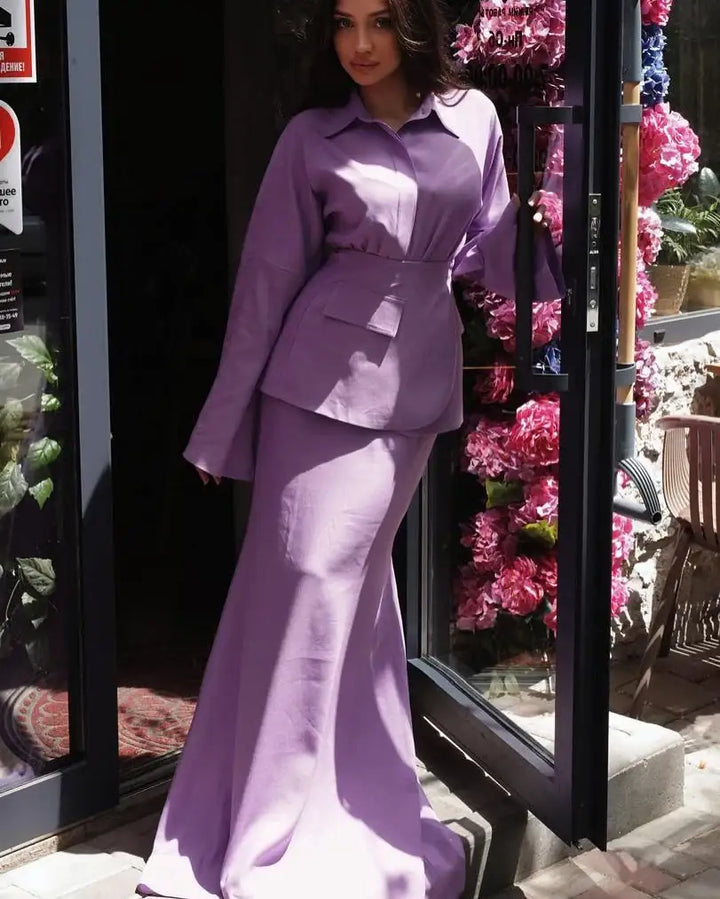 Fliederfarbenes Damen-Ensemble, Rock ve Hemd, eleganter Stil. IsabellBoutique030
