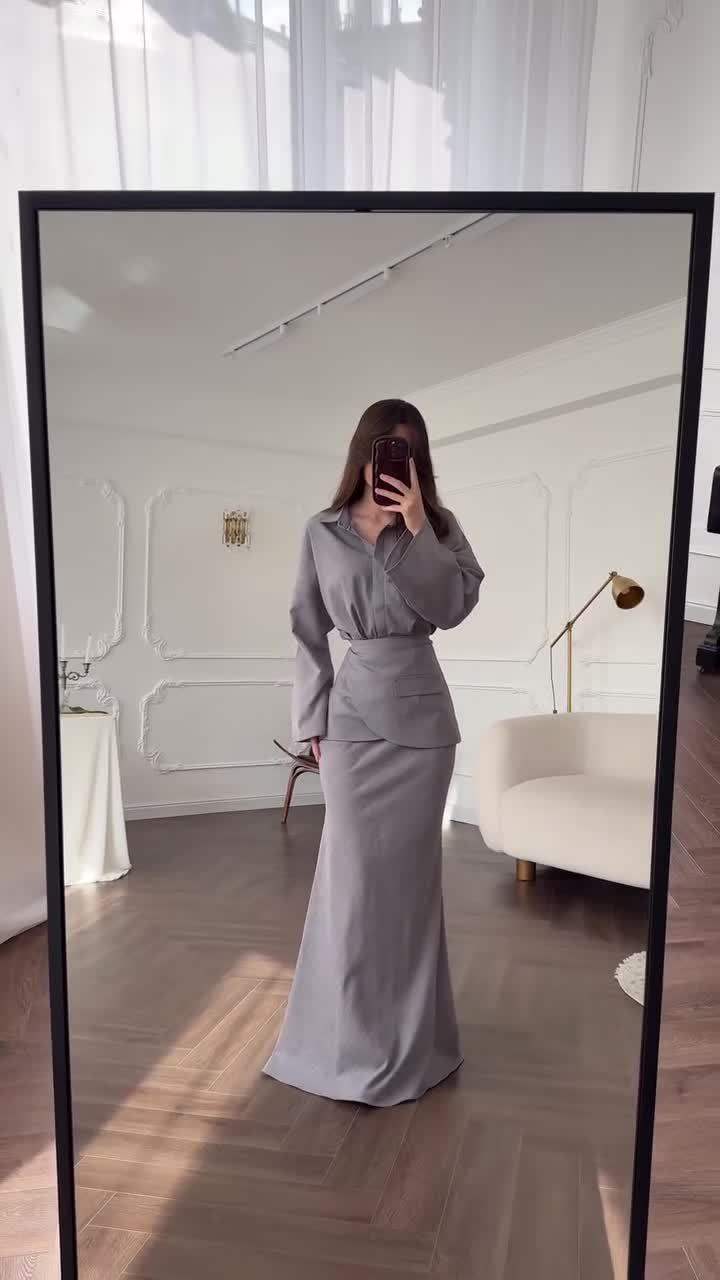 Grauer Damenanzug, Blazer und Maxirock, stilvoll, IsabellBoutique030