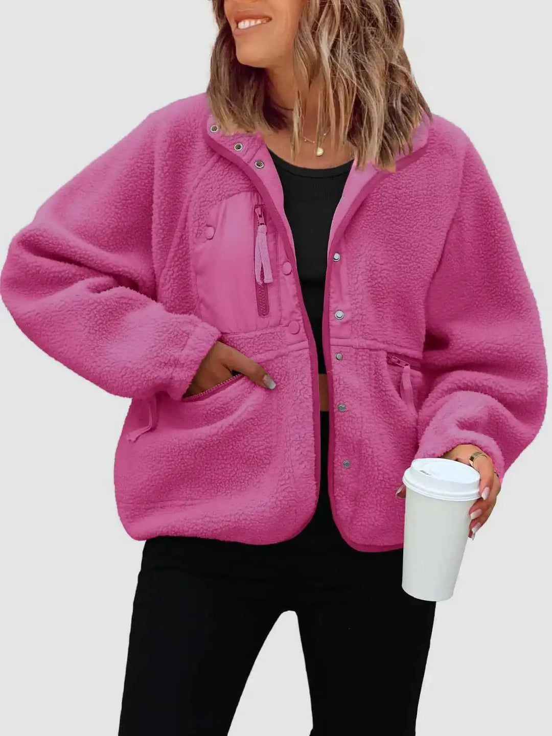 Rosa Teddy Jacke mit Reißverschluss, Damenmode, Blickfang, IsabellBoutique030