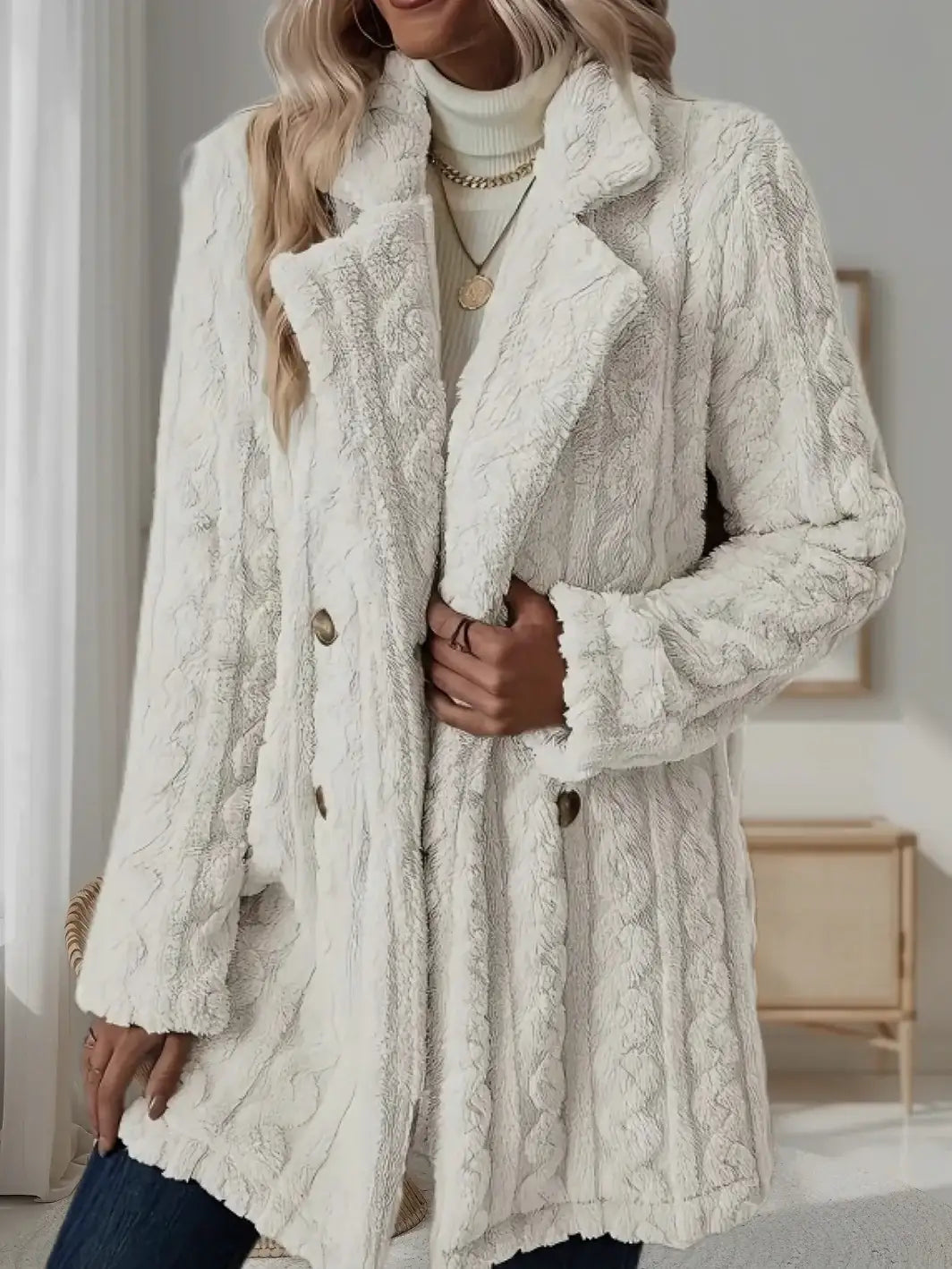 Weißer, flauschiger Mantel mit Knöpfen, Damenmode bei IsabellBoutique030