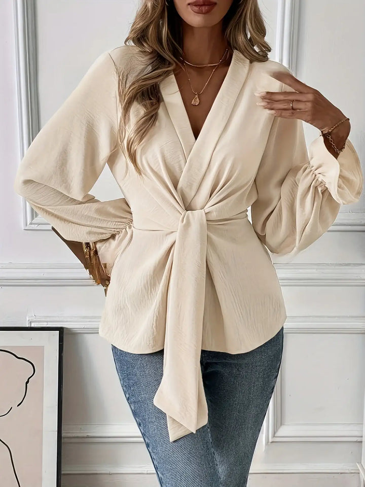 Cremefarbene Bluse mit Knoten, Ballonärmeln, eleganter Stil, Damenmode bei IsabellBoutique030