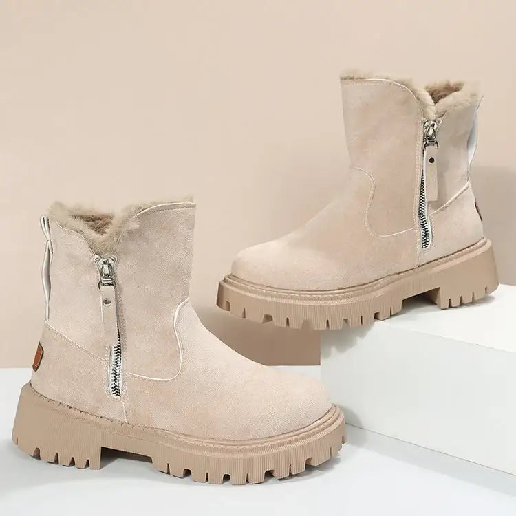 Damen-Schneestiefel – warme Winterstiefel mit faltbarem Plüschschaft, kurzer Schaft, einfarbig, runde Spitze, Plateau-Sohle - Damenmode online kaufen | Isabell Boutique