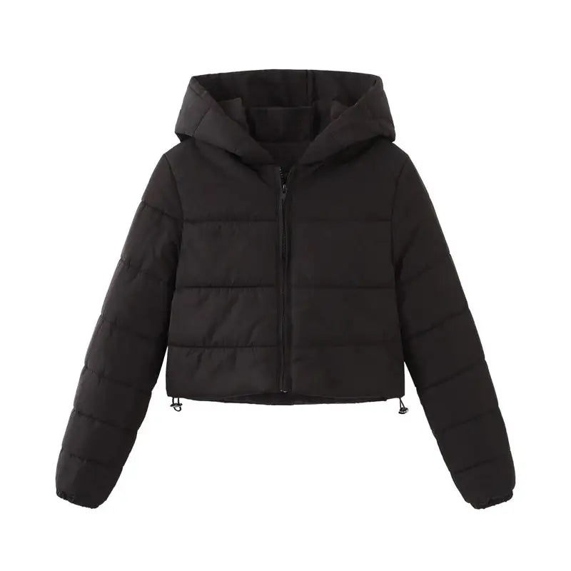 Schwarze Daunenjacke mit Kapuze, kurz geschnitten. IsabellBoutique030