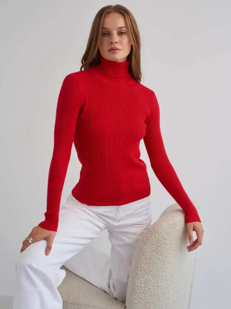 Roter Rollkragenpullover, Rippstrick, Damenmode, IsabellBoutique030
