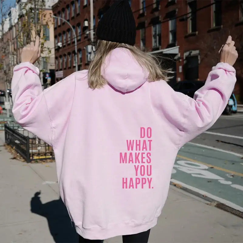 Lockerer Sport Hoodie mit „Do What Makes You Happy“ Print – Kapuzen Sweatshirt - Damenmode online kaufen | Isabell Boutique