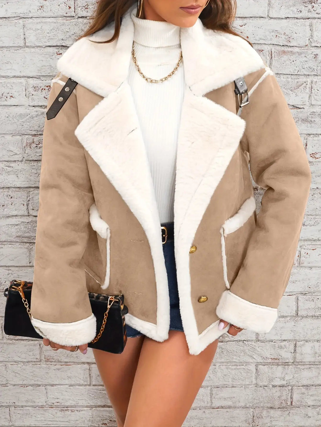 Beigefarbene Jacke mit Fellkragen, Damenmode im Lammfell-Stil, IsabellBoutique030