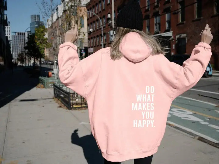 Lockerer Sport Hoodie mit „Do What Makes You Happy“ Print – Kapuzen Sweatshirt - Damenmode online kaufen | Isabell Boutique