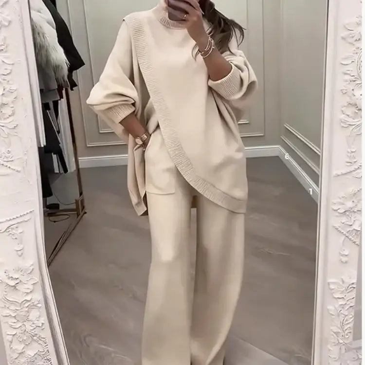 Beiges Strick-Outfit, Hose und Pullover, elegante Damenmode, IsabellBoutique030
